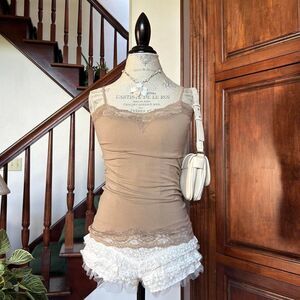 Bongo Y2k Tan Nude Lace Trim Camisole Tank Top